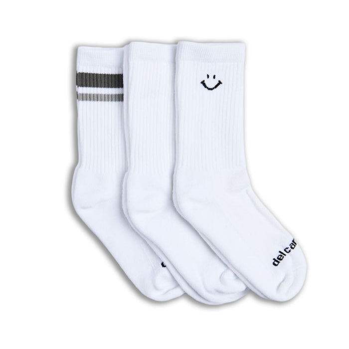 Del Campo Variety Crew 3-Pack golf socks featuring one grey stripe, one blank, and one smiley crew sock