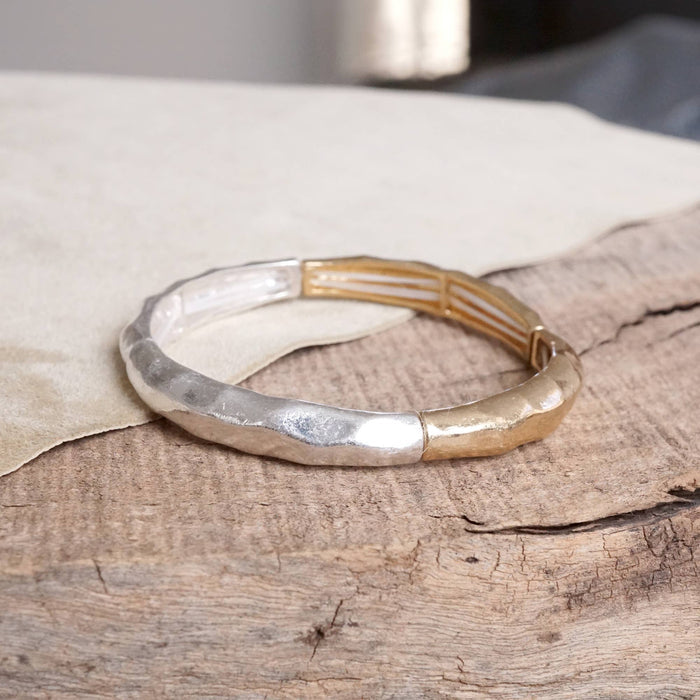 Boho Stretchy Minimalist Bangle Raw Textured Worn Gold and Silver tones Hammered style finish Worn gold or silver tones Stretchy - one size fits most