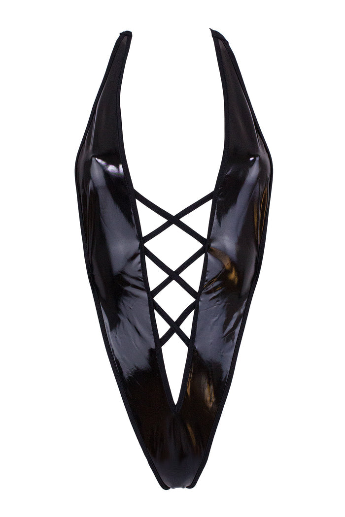 Vinyl V Plunge Bodysuit /  BLACK,BODYSUITS - EXES LINGERIE