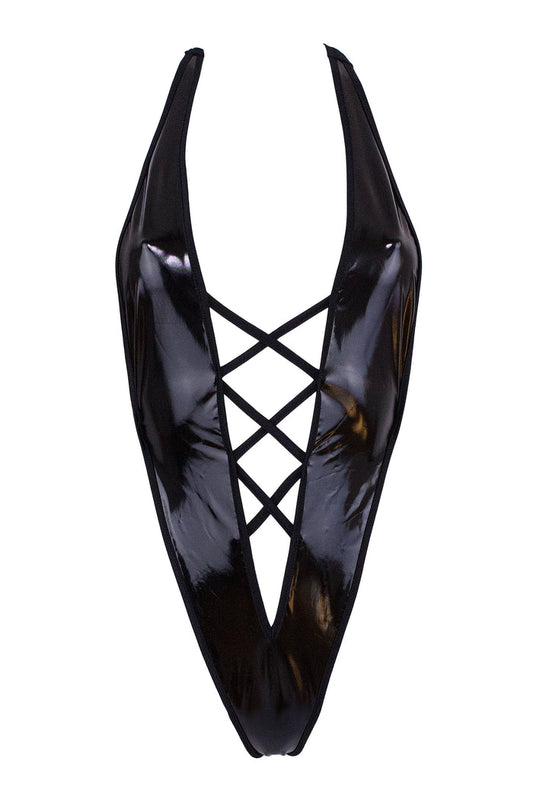 Vinyl V Plunge Bodysuit /  BLACK,BODYSUITS - EXES LINGERIE