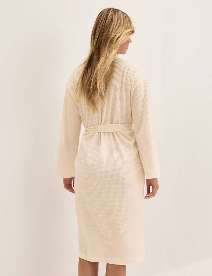 | Back view of model wearing the Waffle Robe highlighting the coverage and fit | Sea Salt
