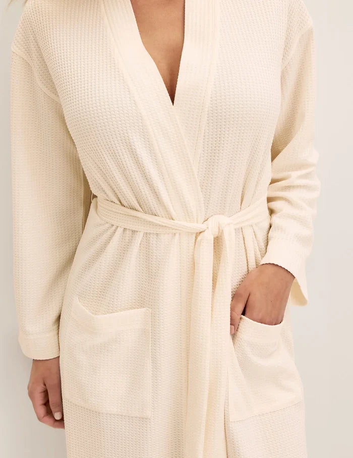 | Front view of model wearing the Waffle Robe highlighting the coverage and fit | Sea Salt