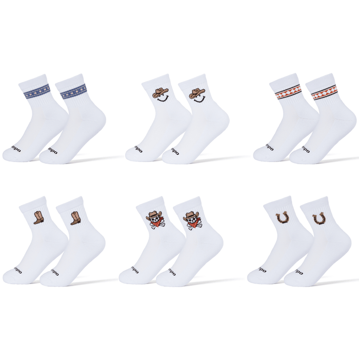 Del Campo Western Pack golf socks, all six designs shown in pairs - diamond stripe, blue stripe, cowboy boots, cowboy smiley, horseshoe, and cowboy skull on white crew socks.