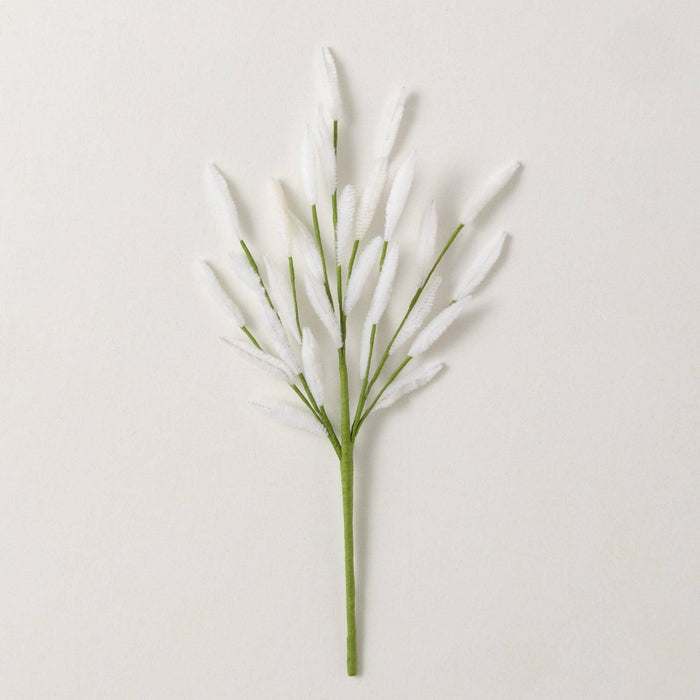 solid white bunny tail flower with green stem.  7.5 average across by 16.5 tall/ long