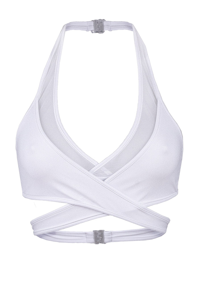 White Cross-Over Halter Crop Top | Strappy Rave Bralette | EXES LINGERIE