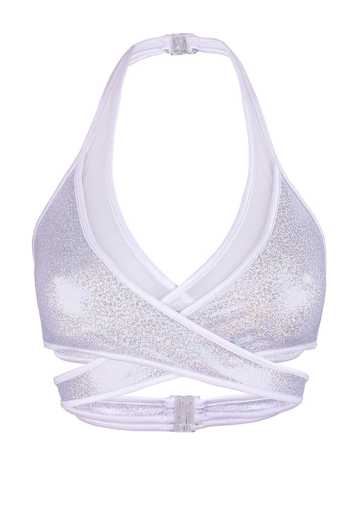 Cross-Over Halter Holgraphic Crop top / X-CROSS TOP / HOLO WHITE,TOPS - EXES LINGERIE