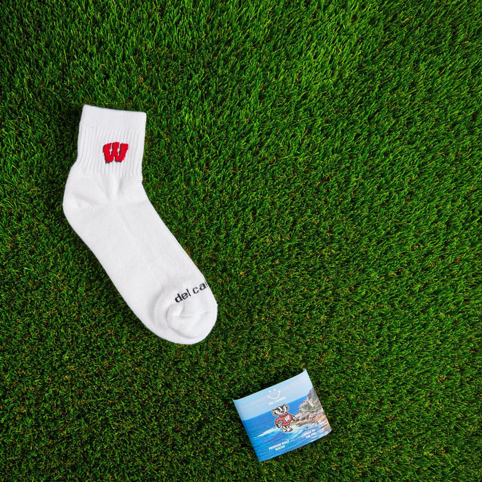 Flat lay of Del Campo Wisconsin Badgers golf socks with game-day props