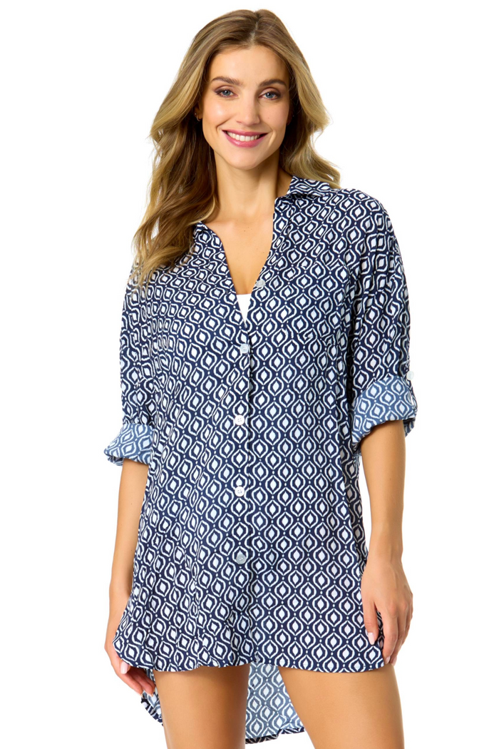 Women's Azzurra Geo Button Down Shirt Swimsuit Cover Up