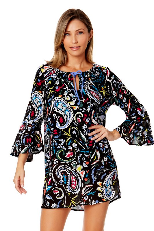 Women's Dance Floor Paisley Bell Sleeve Tunic Swimsuit Cover Up - FINAL SALE