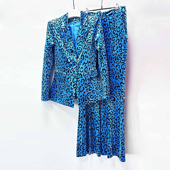 Women's leopard print velvet pantsuit in vibrant blue with stylish blazer and matching trousers
