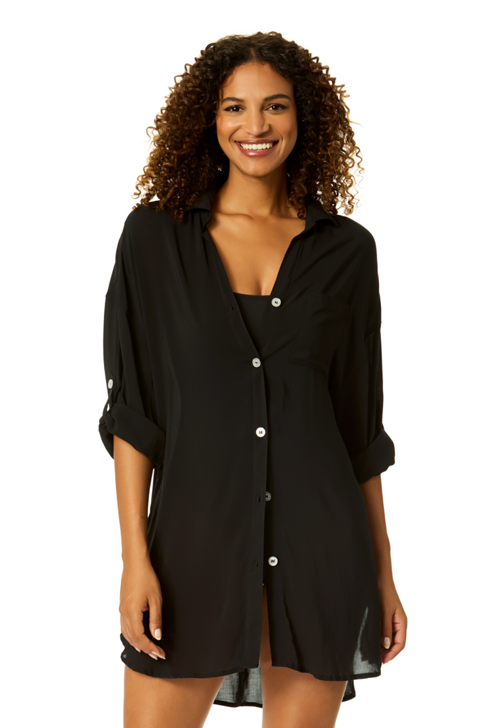 Women's Live In Color Black Button Down Shirt Swimsuit Cover Up