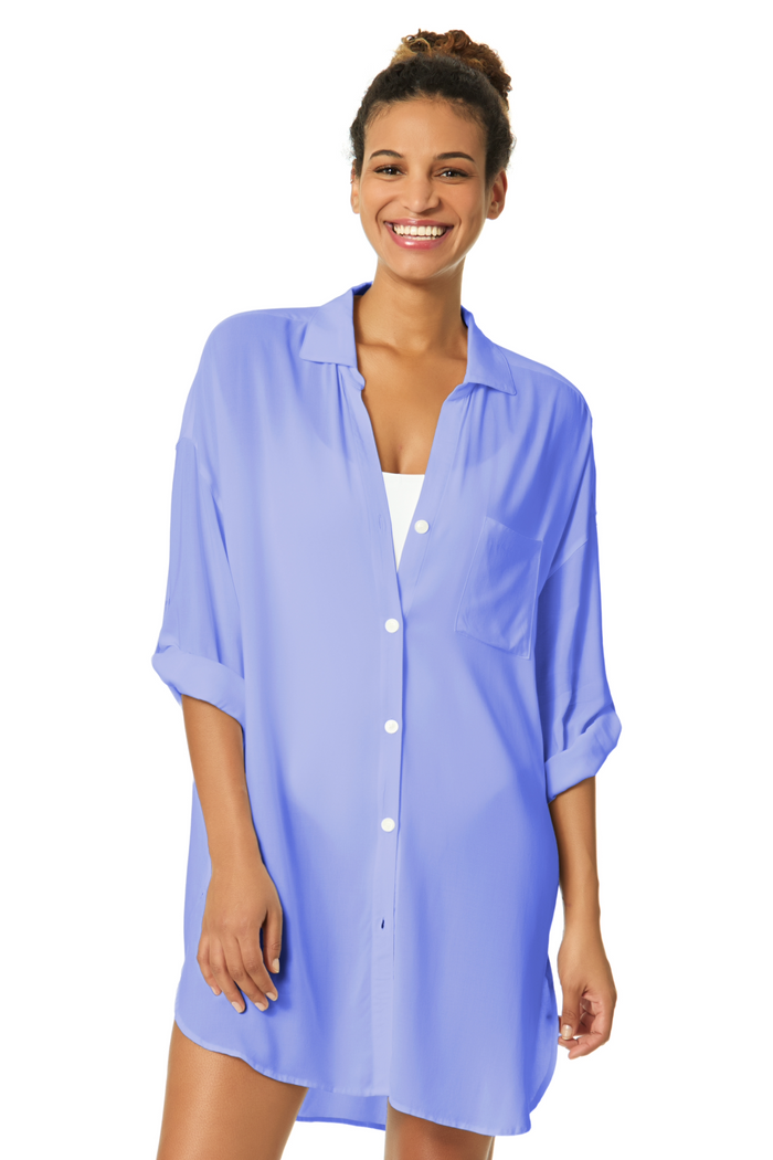 Women's Live In Color Periwinkle Button Down Shirt Swimsuit Cover Up