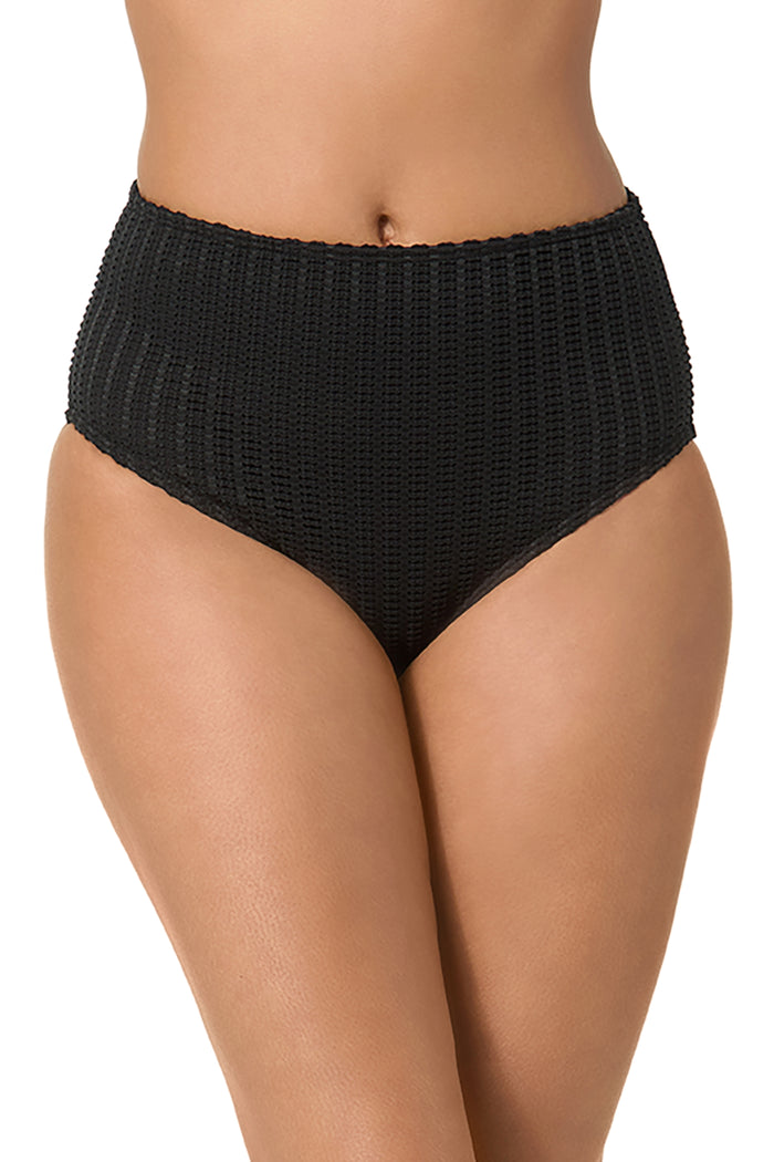 Women's Live In Color Textured Black Clean High Waisted Swim Bottom