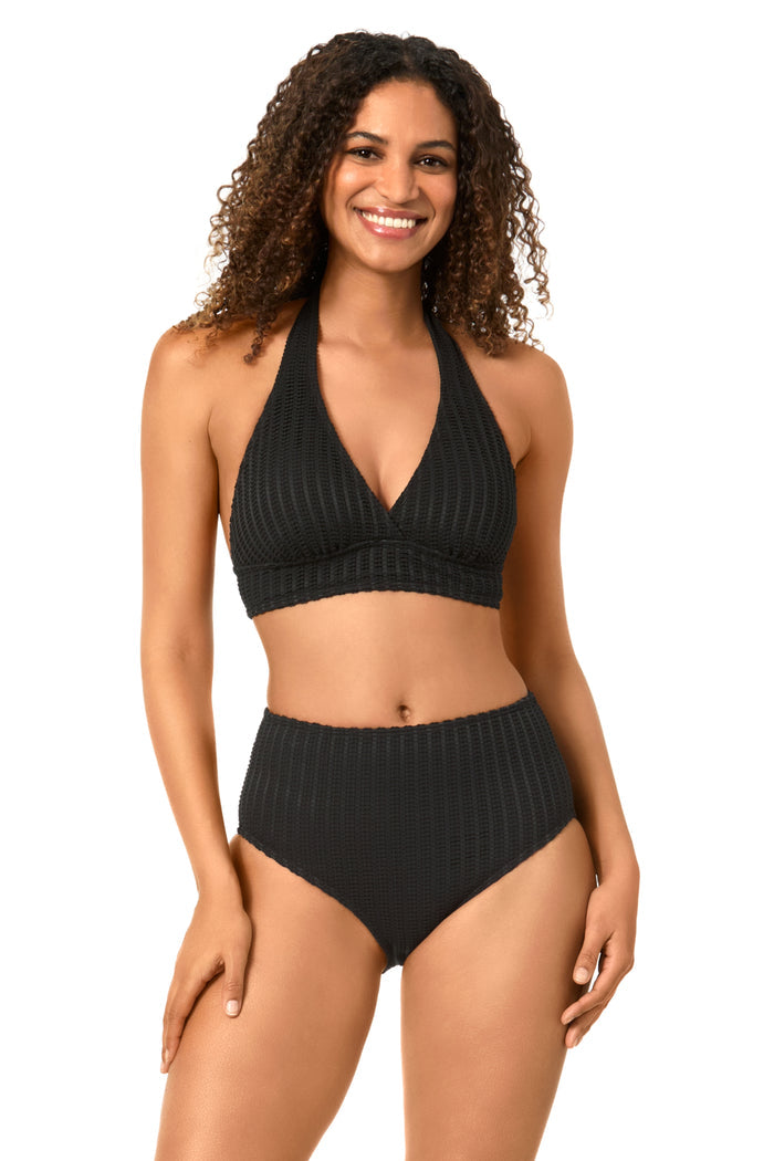 Women's Live In Color Textured Black Halter Bikini Top