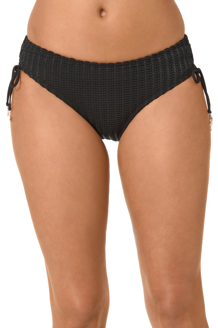 Women's Live In Color Textured Black Side Tie Bikini Swim Bottom
