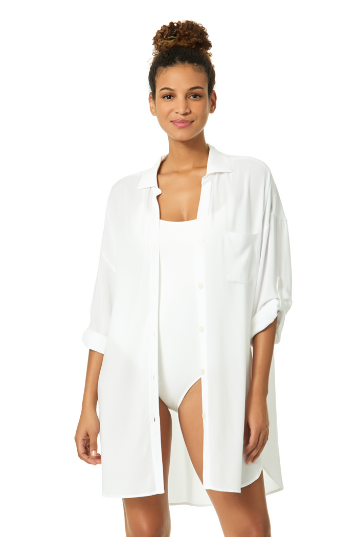 Women's Live In Color White Button Down Shirt Swimsuit Cover Up