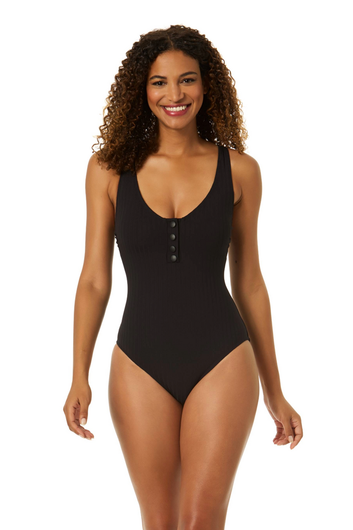 Women's Luna Snap Black Scoop Neck Halter One Piece Swimsuit