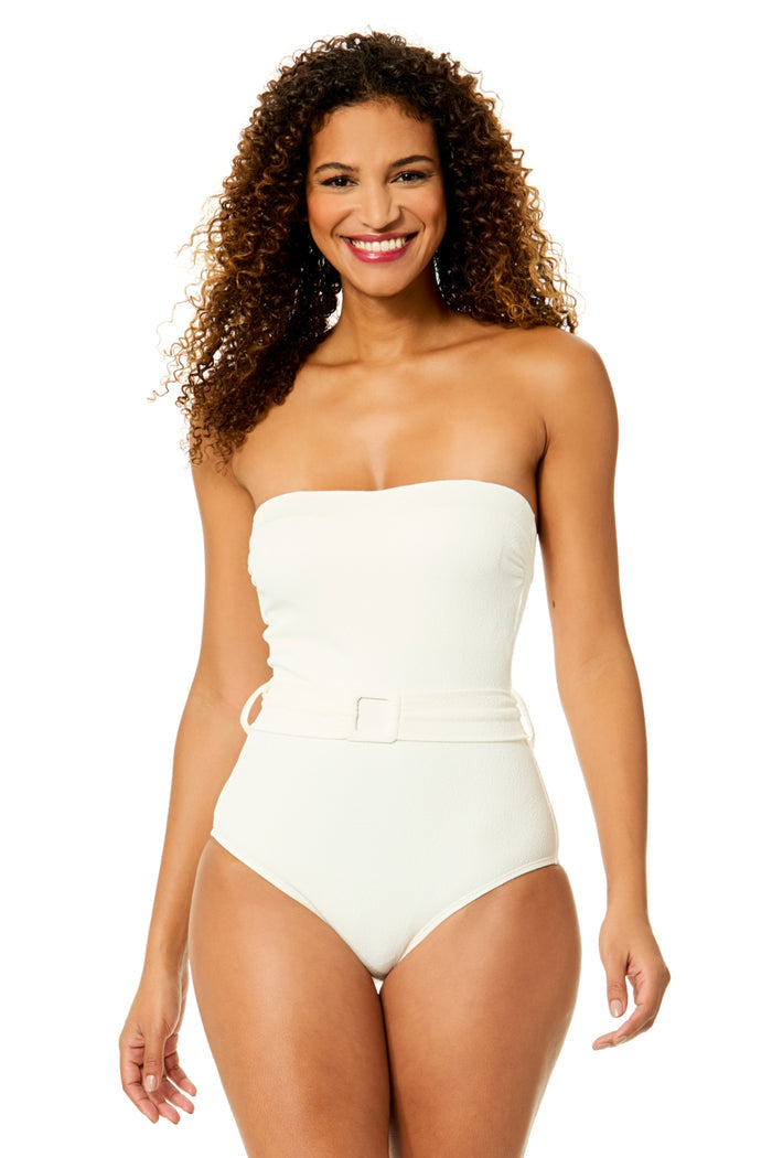 Women's Peruvian Crepe Light Ecru Strapless Belted One Piece Swimsuit