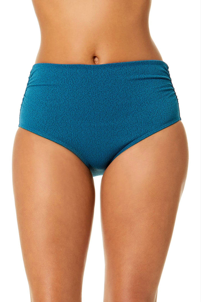 Women's Peruvian Crepe Peacock Fold Over High Waist Shirred Bikini Swim Bottoms