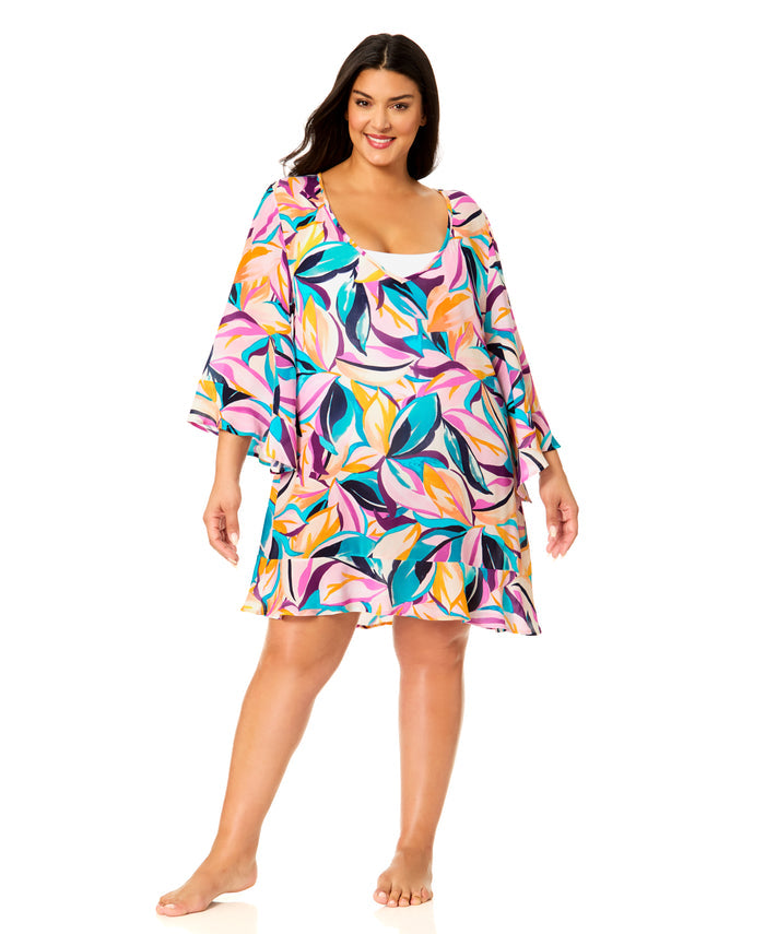 Women's Plus Mexican Riviera Flounce V Neck Tunic Swimsuit Cover Up