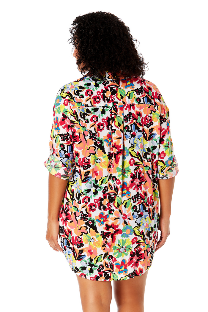 Women's Plus Size Sun Blossom Button Down Shirt Swimsuit Cover Up