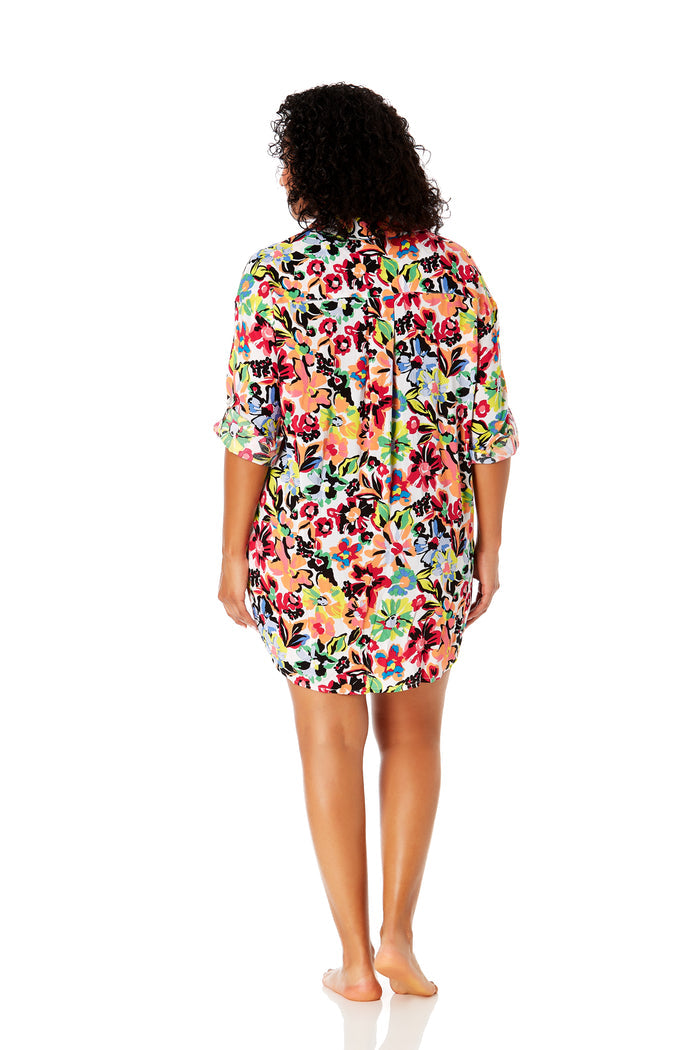 Women's Plus Size Sun Blossom Button Down Shirt Swimsuit Cover Up