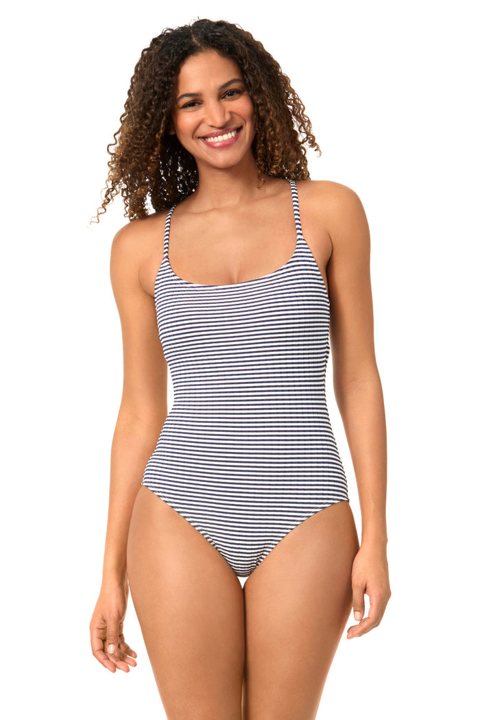 Women's Textured Marine Stripe Classic Lingerie Maillot One Piece Swimsuit