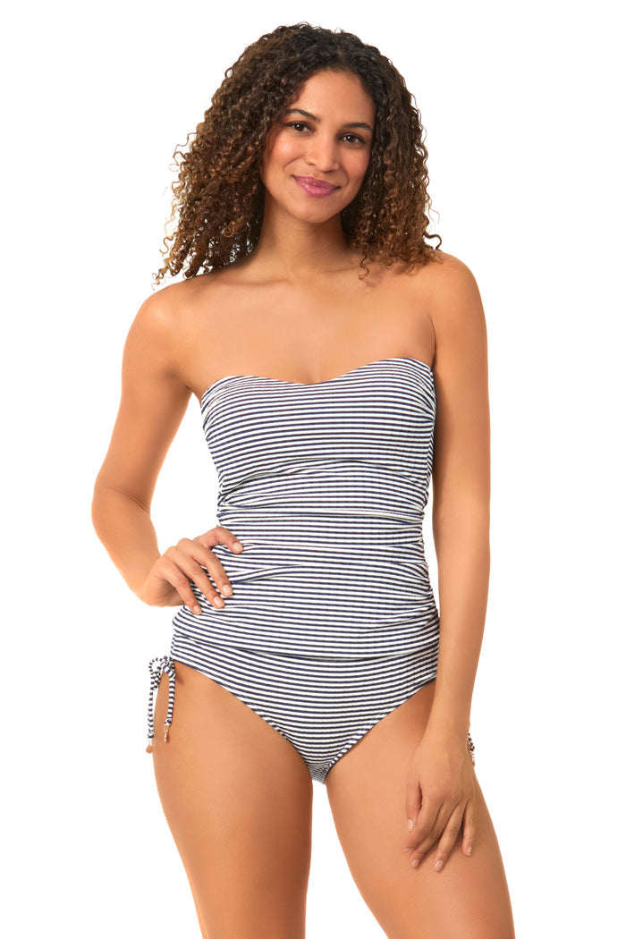 Women's Textured Marine Stripe Shirred Strapless Bandeau Tankini Swim Top