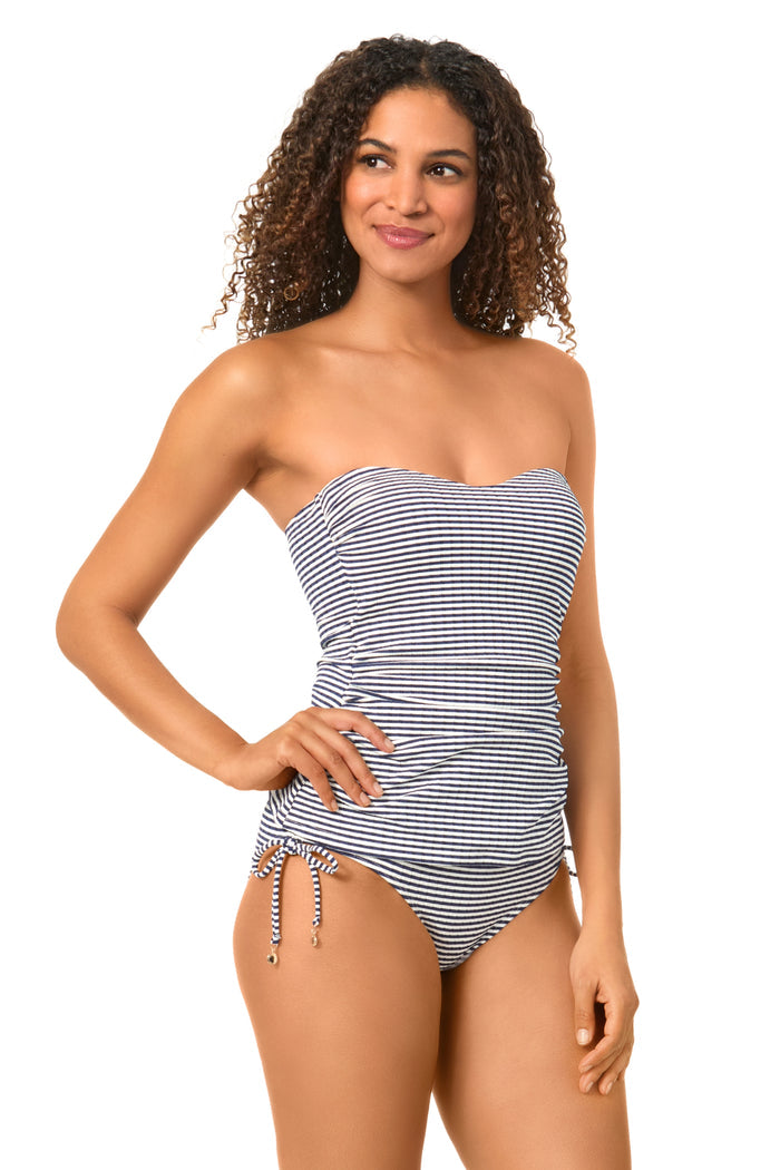 Women's Textured Marine Stripe Shirred Strapless Bandeau Tankini Swim Top