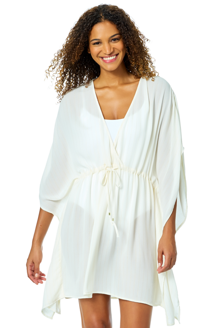 Women's White V Neck Kimono With Drawstring Waist Detail Cover Up