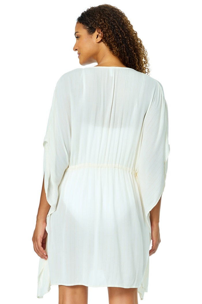Women's White V Neck Kimono With Drawstring Waist Detail Cover Up