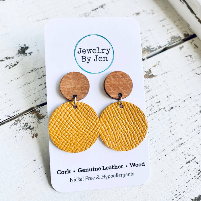 Wood Stud Earrings (Medium): Mustard Saffiano