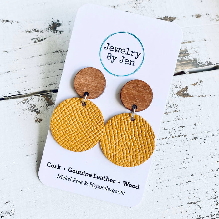 Wood Stud Earrings (Medium): Mustard Saffiano