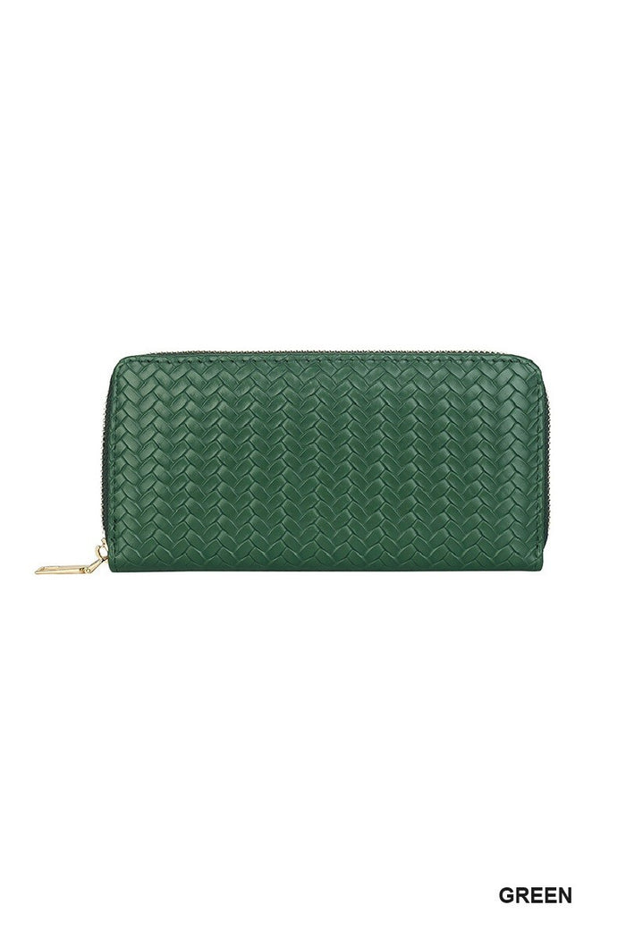 woven green wallet that's vegan with gold color zipper will hold coin, cash and cards