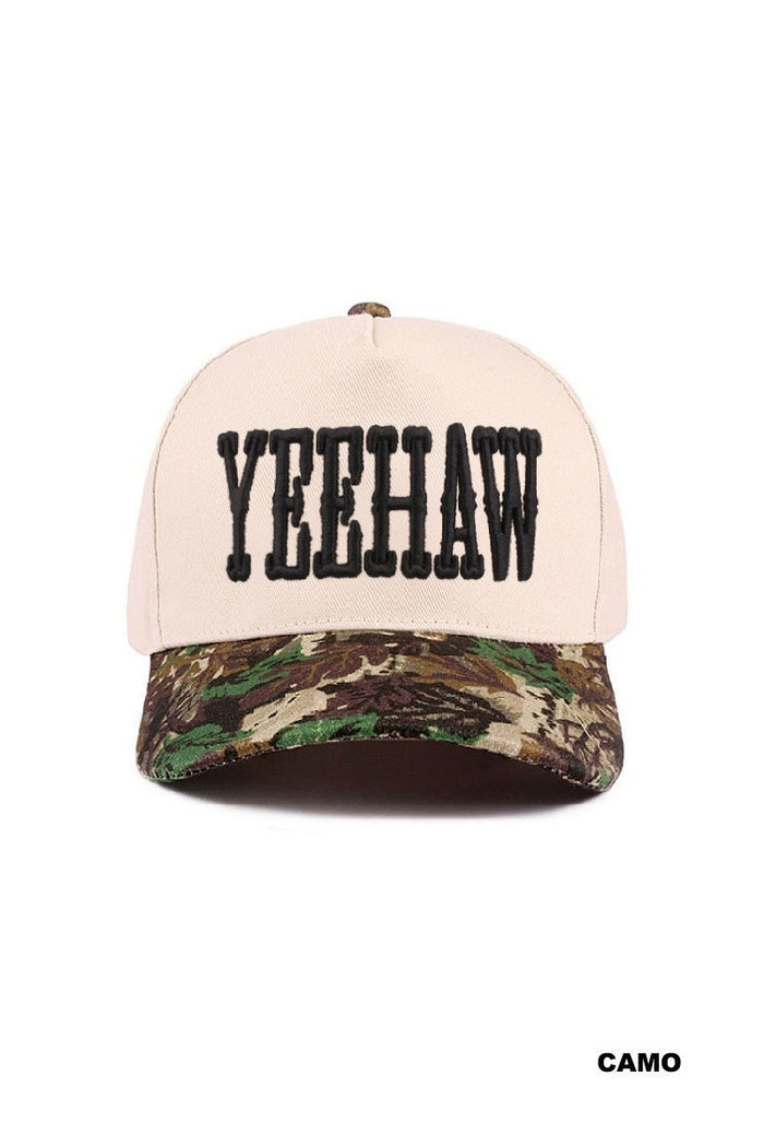 baseball cap with YEEHAW printed, with a camouflage brim